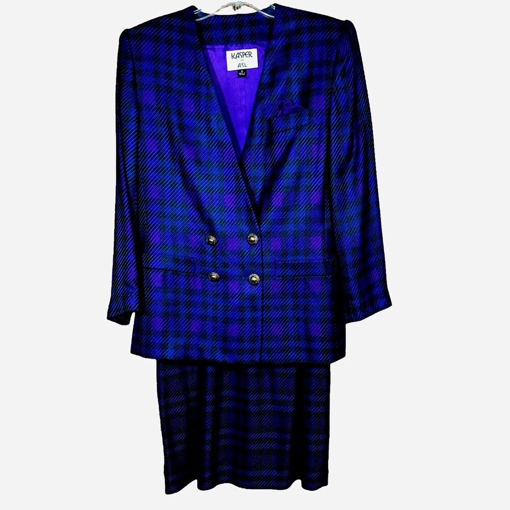 VTG Kasper ASL Purple Green Plaid Skirt Suit Power Look Career Y2K Set Size 10